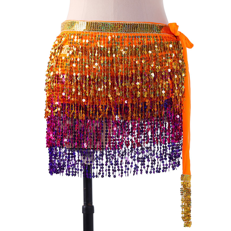 Sequins 4 layers colors belly dance hip scarf skirt with paillette tassel for halloween christmas New Year Party Y1018